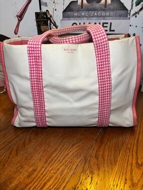 Kate Spade New York Canvas Tote Pink Woven Handles Leather Trim Large  Bag